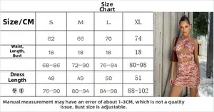 Detailed size chart for pink printed halter top and drawstring skirt two-piece set