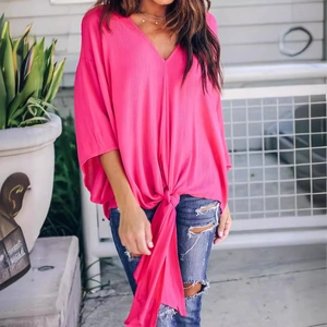 Hot pink V-neck chiffon blouse with front tie-knot detail and stylish long sleeves