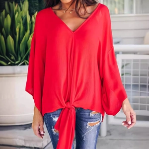 Women's V-neck red chiffon blouse with tie-knot hem and butterfly sleeves for summer