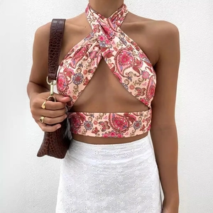 Women Sexy Halter Criss Cross Crop Top Pink Paisley Floral Print Sleeveless Backless Summer Vacation Slim Fit Wrap Vest