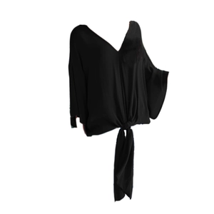 Elegant black V-neck chiffon blouse with ruffle flutter sleeves and stylish front knot detail