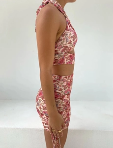 Detail view of pink paisley floral crop top and bodycon skirt set with drawstring