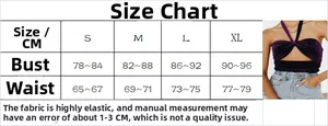 Size chart for velvet halter crop top showing S to XL chest and waist measurements in CM