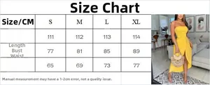 Size chart for strapless slit maxi dress detailing S-XL measurements and fit guide