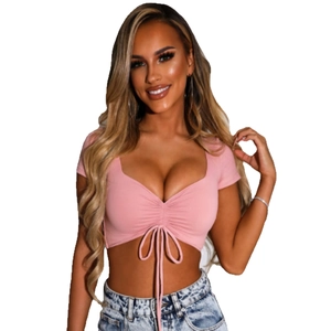 Pink sexy v-neck crop top for women with adjustable drawstring front ruched detail