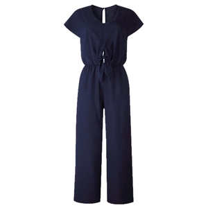 Navy blue V-neck jumpsuit with short sleeves, high waist tie belt, and wide leg trousers