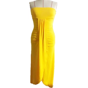Detail view of the yellow strapless maxi dress featuring side ruching and gathered design