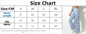 Size guide for women high-waist straight pants with blue and white LOVE print