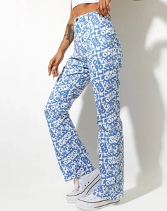 Side view of high-waisted flared trousers with blue and white LOVE pattern