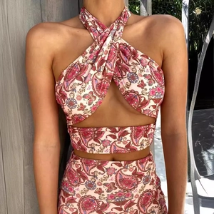 Women's summer two-piece set with paisley print halter wrap top and high waist bottom