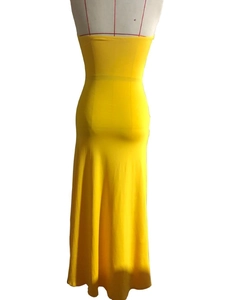 Back view of a yellow strapless bodycon maxi dress with ruched details on a mannequin