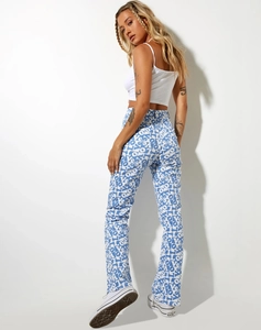 High-waist straight trousers featuring all-over blue LOVE print on white background