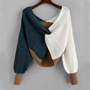 Women Sexy Color Block Twisted Front Knit Sweater V Neck Long Sleeve Pullover Loose Streetwear Patchwork Knitted Jumper Top