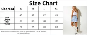 Size chart for high waist printed mini skirt showing hip and waist measurements