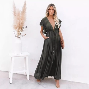 Deep green V-neck maxi dress with ruffle sleeves, button-front design and drawstring waist