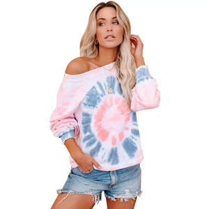 T-Shirt Décontracté à Manches Longues Tie Dye pour Femmes Col Rond Ample Pullover en Mélange de Coton