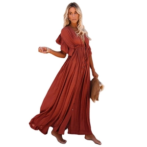 Elegant brick red maxi dress with deep V-neck, ruffle sleeves and high waist drawstring closure