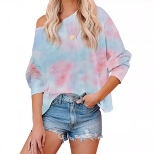 Haut ample à manches longues tie-dye pour femmes avec encolure asymétrique rose et bleu