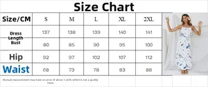 Size chart for floral print beach maxi dress with length and bust measurements