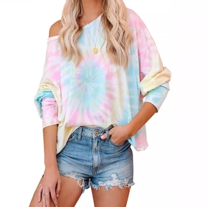 T-shirt à manches longues tie-dye ample pour femme en rose et bleu, style décontracté