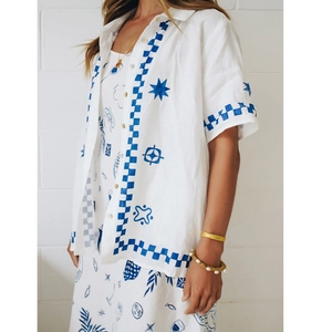 Women's 2024 casual short sleeve button-up shirt with navy artistic hand-painted prints