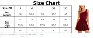 Size chart showing top length, bust, waist and pant measurements for the sleeveless romper