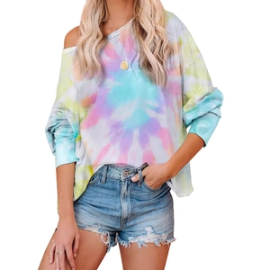 Haut ample à manches longues pour femmes avec motif tie-dye pastel et épaules tombantes