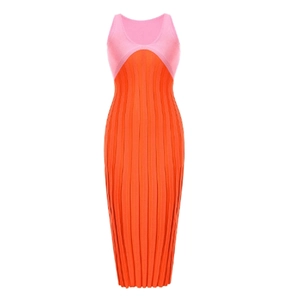 Abito midi smanicato in maglia aderente con design color block rosa e arancione