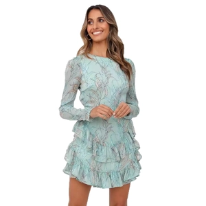 Mint green floral backless dress with long sleeves and layered ruffle hem details