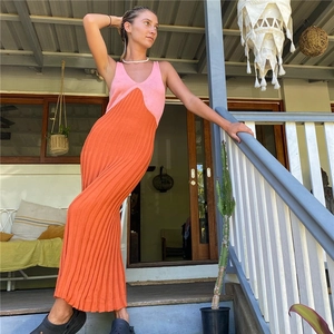 Abito Midi in Maglia a Costine Sexy da Donna Color Block Scollo a V Senza Maniche Patchwork Bodycon per Vacanze Estate