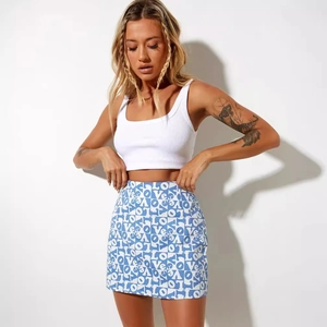 High waisted mini skirt featuring blue white checkerboard and LOVE letter print pattern
