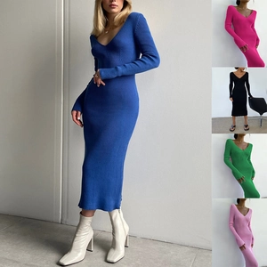 Women V Neck Slim Fit Long Sleeve Ribbed Knit Maxi Dress Sexy Solid Color Bodycon Sweater Long Dresses For Party Daily Wear