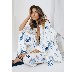 Women's summer two-piece linen set with long sleeve shirt and Mediterranean print