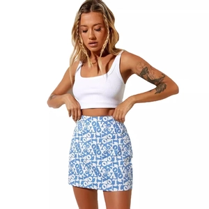Women's summer white crop top and high waist blue checkered LOVE print mini skirt