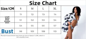 Detailed size guide table for women's loose printed shirt including S to XL measurements
