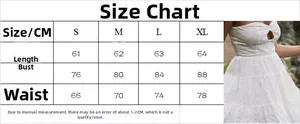 Size guide for white lace strapless dress with chest, waist, and length measurements