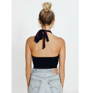 Deep purple velvet halter neck top with bow tie and open back design for women