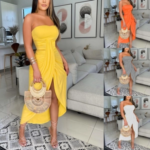 Women's Sexy Strapless Ruched Maxi Dress High Slit Solid Color Slim Fit Bodycon Summer Party Vacation Beach Long Dress