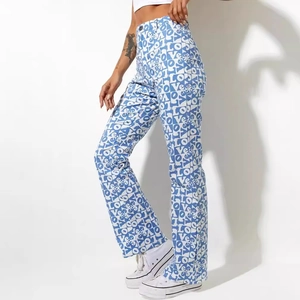Women's High Waist Flare Pants Blue White Love Letter Printed Cotton Blend Micro Flare Casual Streetwear Trousers For Women