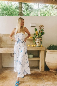 Detail of Mediterranean-style hand-painted print on white cotton-linen long sundress