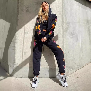 Women's black butterfly print tracksuit with zip-up hoodie and jogger pants set