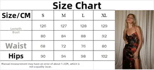 Detailed size chart for sexy backless floral halter dress including S to XL measurements
