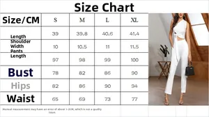 Guide des tailles détaillé en CM pour ensemble haut asymétrique et pantalon femme