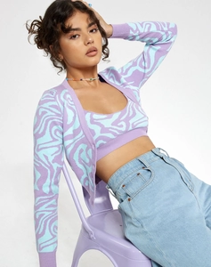 Detail of purple water ripple knit cardigan set with matching crop top and long sleeves