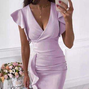 Lavender deep V-neck dress with ruffled shoulders and flattering waist ruching