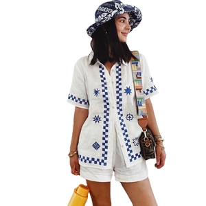 Women's summer two-piece set featuring hand-painted floral short-sleeved shirt and shorts