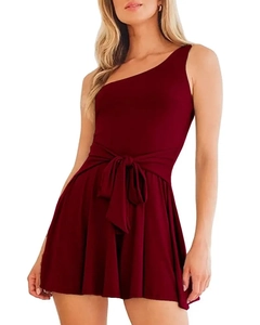 Detail of burgundy one-shoulder romper featuring an elegant waist tie bow and ruffled hem