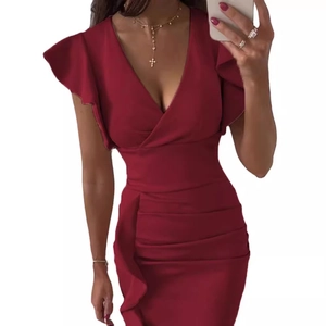 Elegant deep V-neck slim fit dress in wine red with ruffle sleeves and pleated waist details