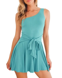 Close-up of light blue one-shoulder romper dress with waist tie and pleated hem detail