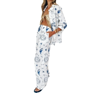 Women's summer loose linen long sleeve shirt and wide leg pants set with navy vacation print
